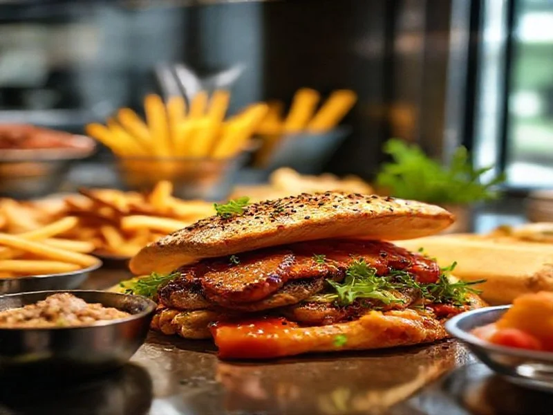 A dramatic, moody close-up of a rustic chocolate lava cake, with the warm, gooey center just beginning to ooze, dusted with cocoa powder and a single, perfectly ripe raspberry. The lighting is intimate, emphasizing texture and indulgence. No human presence.