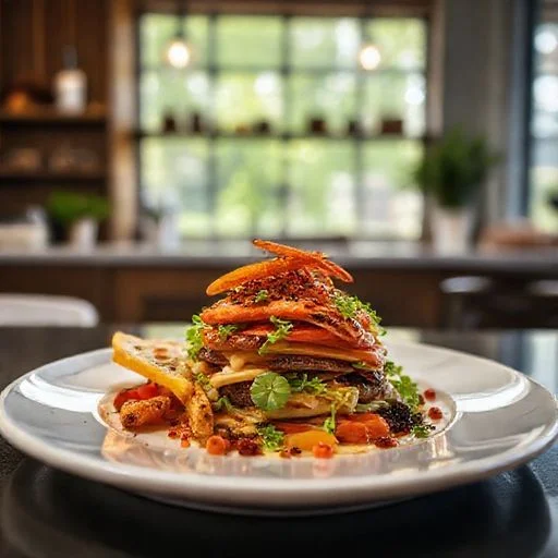 A modern, abstract still life featuring molecular gastronomy tools (e.g., spherification kit, siphon) alongside pristine, minimalist dishes. The image balances precision and artistic experimentation in a sterile yet inviting setting. No human presence.